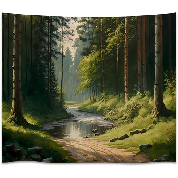 Sunlit Forest River Path Tapestry  Tranquil Pine Woodland Landscape Wall Hanging Nature Art Decor for Bedroom Living Room 40x60inch
