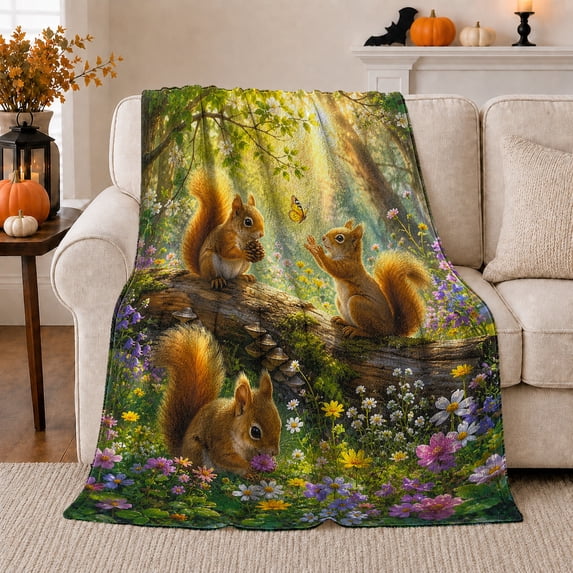 Sunlit Forest Squirrels on Mossy Logs with Wildflowers and Butterfly, Cheerful Woodland Art for Squirrel Lovers, Cozy Flannel Blanket for Bedroom and Reading Nook, Just Because Gift, Home Decor