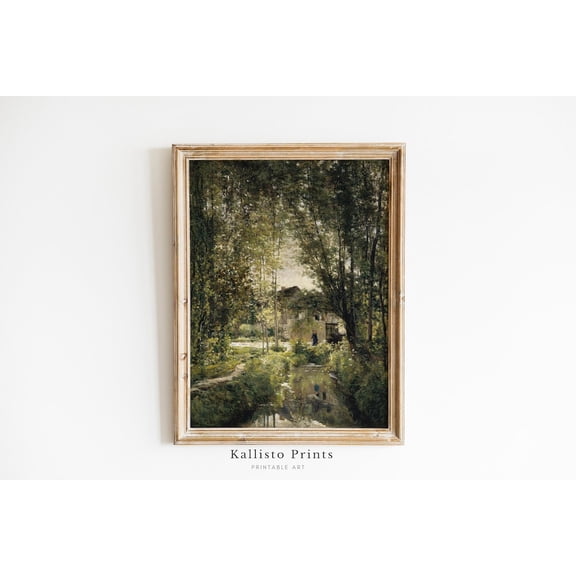 Sunlit Forest Stream Art Print Poster, Tranquil Green Landscape, Nature Wall Decor, Peaceful Woodland Scene, Cottagecore Wall Art 224, Size 8x12 UNFFRAMED F03.1.6l2805