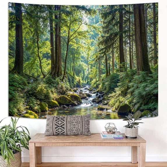 Sunlit Forest Stream Landscape Tapestry, Tranquil Nature Wall Hanging for Room Decor, Peaceful Woodland Home Decor 40L x 60W