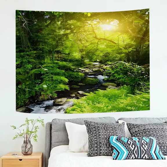 Sunlit Forest Stream Tapestry, 3729 Inches, Lush Green Nature Wall Hanging for Bedroom Living Room Decor