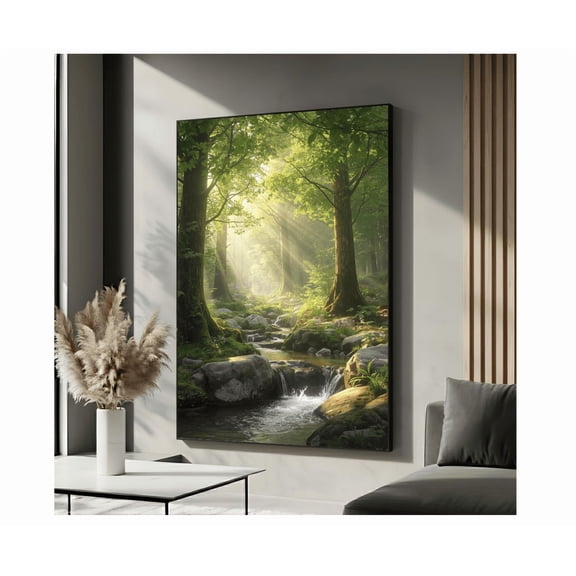 Sunlit Forest Stream Wall Art Peaceful Woodland Waterfall Landscape For Living Room Bedroom Decor Serene Nature Poster