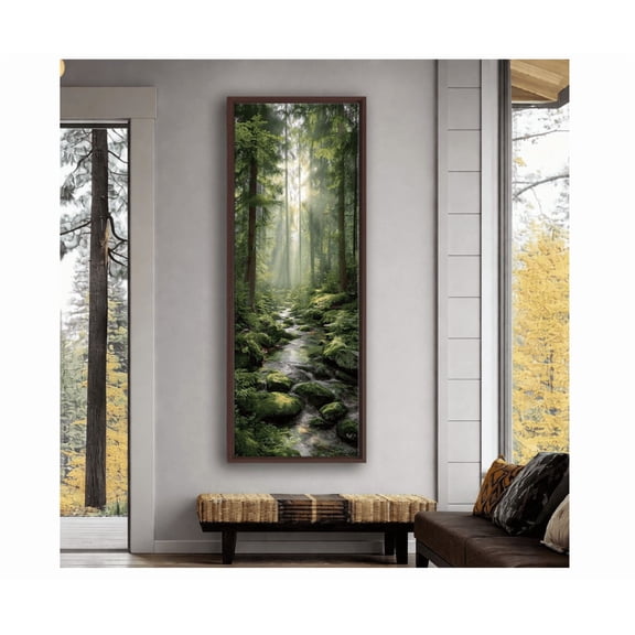 Sunlit Forest Stream Wall Art Vertical Woodland Nature Painting Calming Green Landscape Decor For Living Room Print Poster