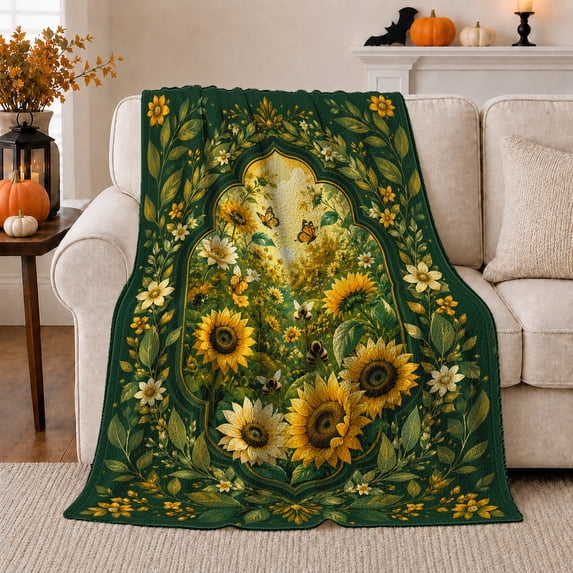 Sunlit Garden Archway Sunflowers Bees, Festive Botanical Garden Scene, Warm Flannel Blanket for Sunroom and Reading Nook, Garden Lovers Housewarming Gift, Botanical Home Decor