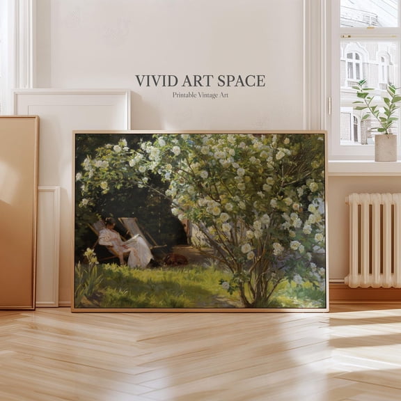 Sunlit Garden Painting Print, Vintage Landscape Print, Giclee Print, Fine Art Print, Wall Art Print, Woman Reading UNFRAMED PAPER POSTER, Home Decor, Vintage Gift, Living Room Dercor