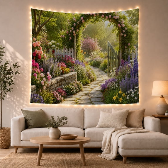 Sunlit Garden Path With Rose Arch and Blooming Flowers, Serene Rustic for Nature Lovers, Botanical Wall Art Decor, Mother's Day Gift Tapestry Wall Hanging for Living Room and Bedroom