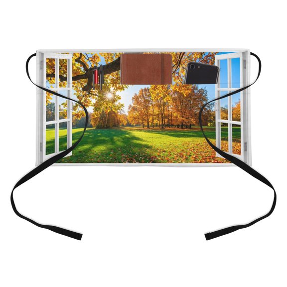 Sunlit Glade Kitchen Restaurant Half Waist Apron, Autumn Sunny Window Frame Maple Leaf Tree Green Grass Server Short Apron with 3 Pockets Waterproof Oil Waist Aprons for Women Waitress Waiter