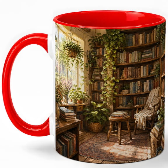 Sunlit Home Library 11oz Ceramic Mug, Cozy Book Nook Coffee Cup