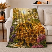 Sunlit Honeybee Honeycomb Meadow Scene, Cozy Botanical Garden Scene, Warm Flannel Blanket for Cabin and Lodge, Garden Lovers Housewarming Gift, Botanical Home Decor