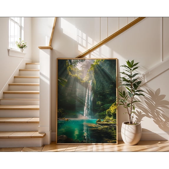 Sunlit Jungle Waterfall Photo Tropical Rainforest Falls Art Poster ...