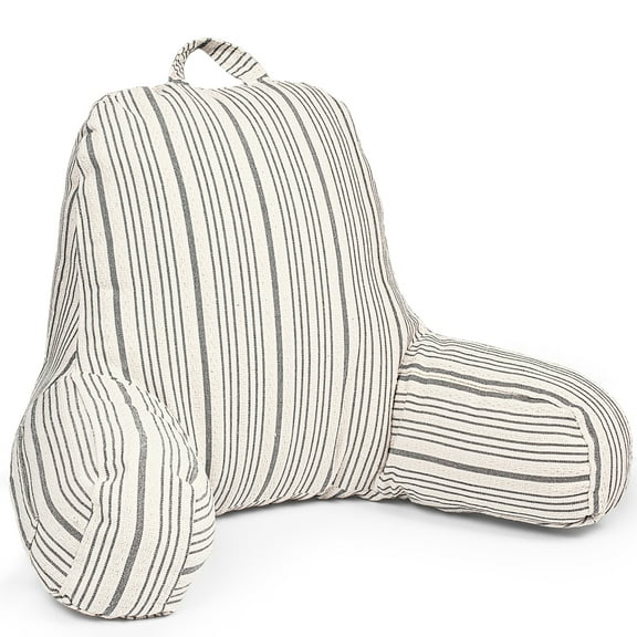 Sunlit Large Reading Pillow Replacement Cover with Arms and Pockets (Cover ONLY), 18" Beige with Gray Stripes Textured Linen Backrest Pillow Cover Fits Standard Size Husband Pillows