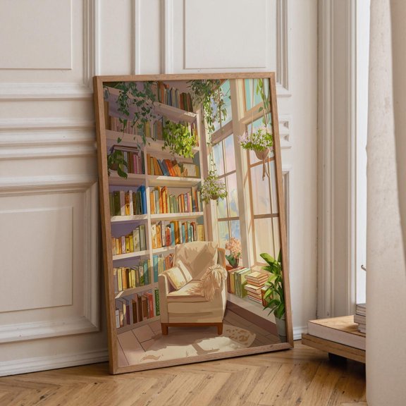 Sunlit Library Reading Nook Wall Art Print, Unframed Paper Poster 8x10in