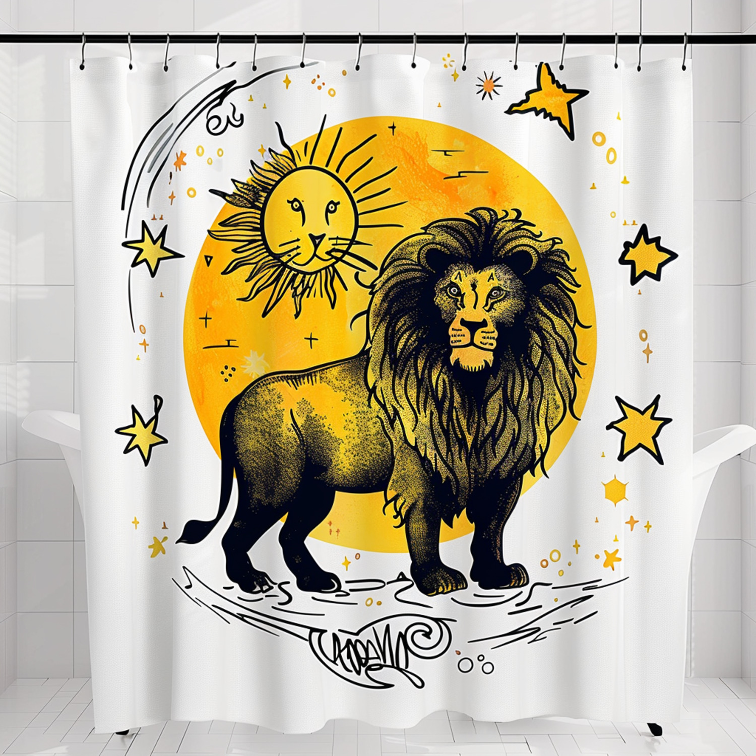 Sunlit Lion Zodiac Shower Curtain in Yellow and Black Watercolor Style