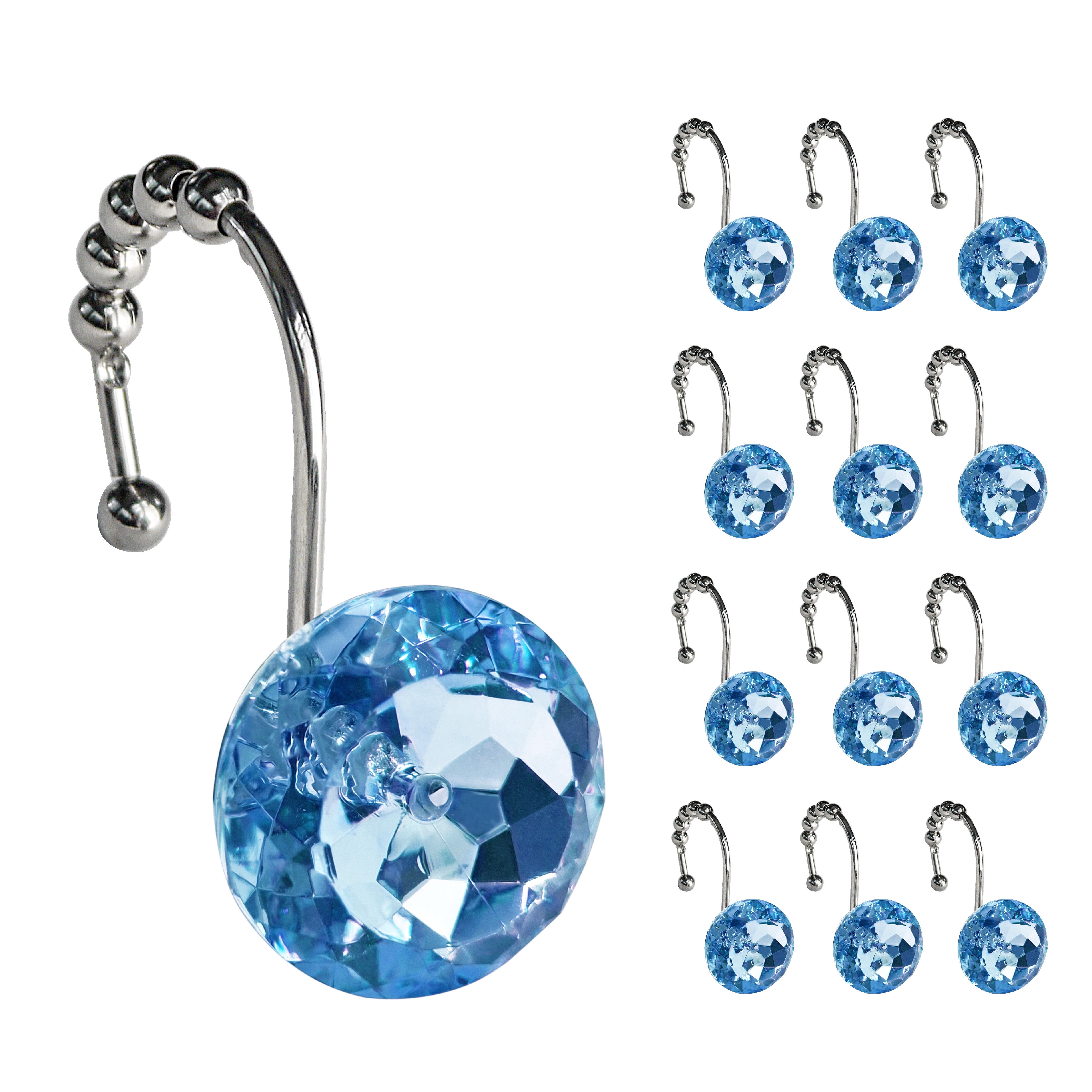 Sunlit Luxury Design Round Blue Diamond Crystal Gem Bling with Glide Balls Shower Curtain Hooks