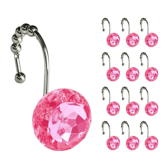 Sunlit Luxury Design Round Hot Pink Diamond Crystal Gem Bling with Glide Balls Shower Curtain Hooks, Rust Proof Metal Rhinestones Glam Shower Curtain Rings-12 Pack