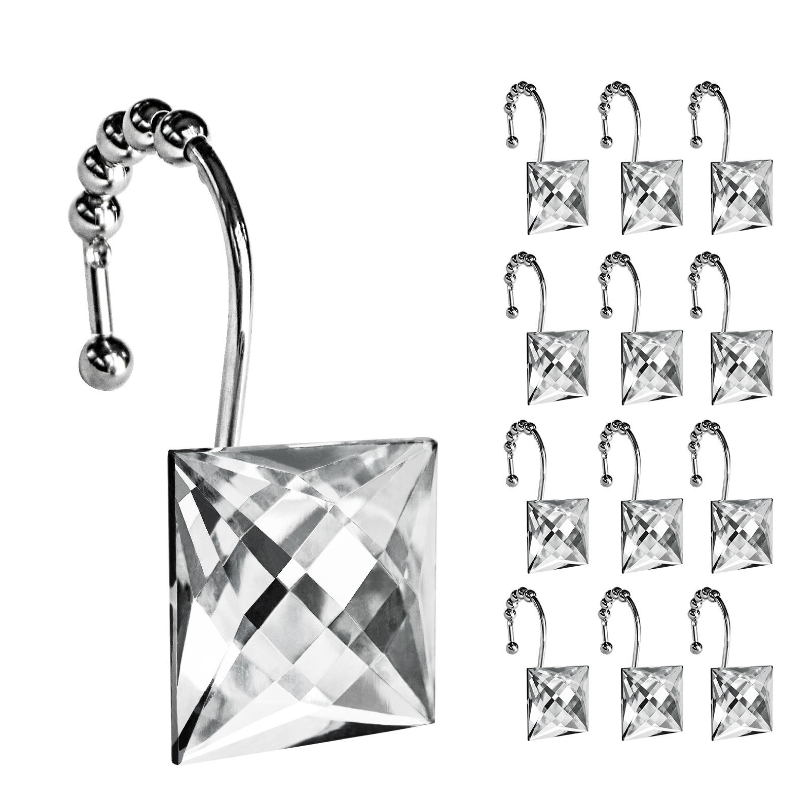 Sunlit Luxury Design Square Clear Diamond Crystal Gem Bling with Glide Balls Shower Curtain Hooks, Rust Proof Metal Rhinestones Glam Shower Curtain Rings-12 Pack