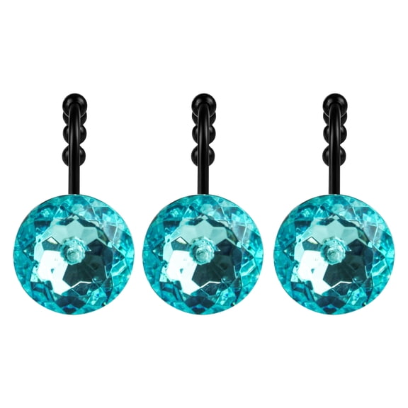 Luxury Round Teal Blue Crystal Shower Curtain Hooks, Rhinestone Rings with Glide Balls, Rust-Proof Metal, Set of 12, Black Hooks