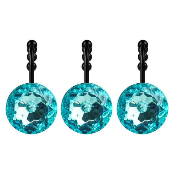 Sunlit Luxury Round Teal Blue Crystal Shower Curtain Hooks, Rhinestone Rings with Glide Balls, Rust-Proof Metal, Set of 12, Black Hooks