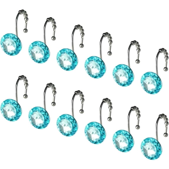 Sunlit Luxury Round Teal Blue Crystal Shower Curtain Hooks, Rhinestone Bling Rings with Glide Balls, Rust-Proof Metal, Set of 12
