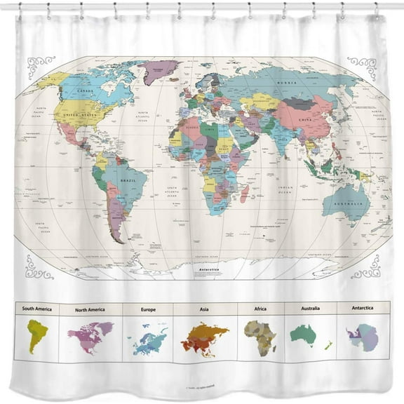 Sunlit Map of The World with Detailed Major Cities. PVC Free, Non-Toxic and Odorless Water Repellent Fabric Shower Curtains - Large Home Decor Wall Map