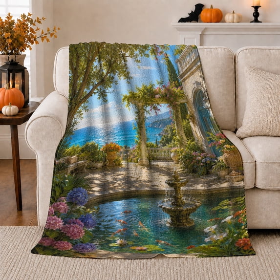 Sunlit Mediterranean Garden Terrace and Koi Fountain, Serene Coastal Style for Garden and Ocean Lovers, Warm Flannel Blanket for Living Room and Bedroom, Housewarming Gift Home Decor