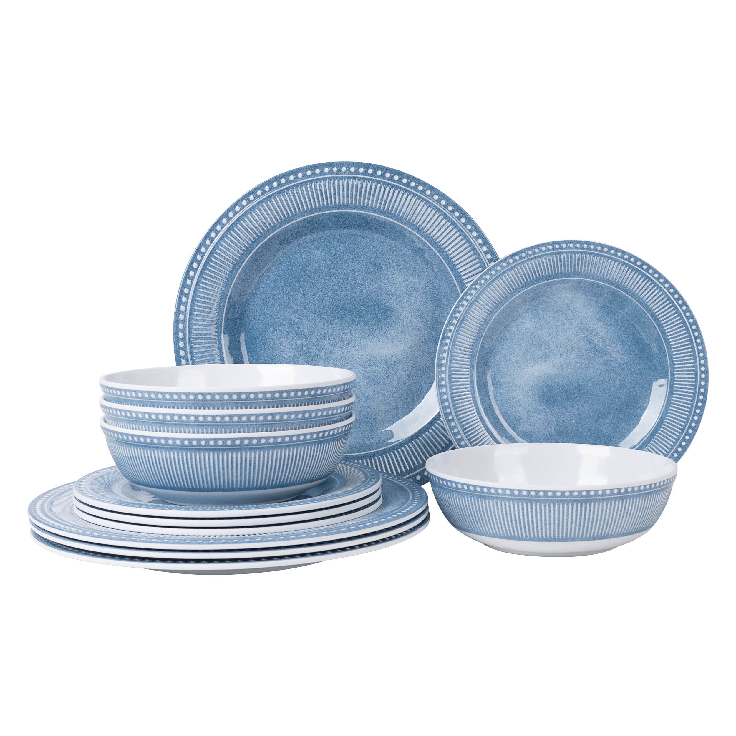 Sunlit Melamine Dinnerware Set of 12 Pcs, Dinner Dishes Set for Indoor and Outdoor Use, Melamine Plates and Bowls Set for 4, Dishwasher Safe, Lightweight Unbreakable, BPA Free, Soft Blue
