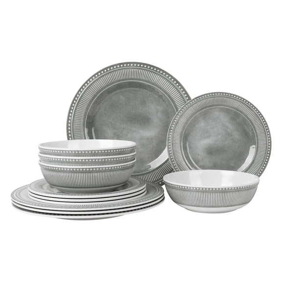 Sunlit Melamine Dinnerware Set of 12 Pcs, Dinner Dishes Set for Indoor and Outdoor Use, Melamine Plates and Bowls Set for 4, Dishwasher Safe, Lightweight Unbreakable, BPA Free, Gray