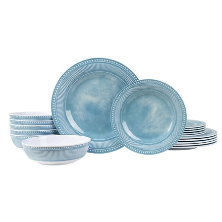 Sunlit Melamine Dinnerware Set of 18 Pcs, Dinner Dishes Set for Indoor and Outdoor Use, Melamine Plates and Bowls Set for 6, Dishwasher Safe, Lightweight Unbreakable, BPA Free, Blue