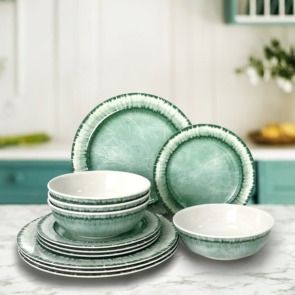 Sunlit Melamine Dinnerware Set of 12 Pcs Dinner Dishes Set for Indoor and Outdoor Use, Dishwasher Safe, Lightweight Unbreakable, BPA Free, Sage Green