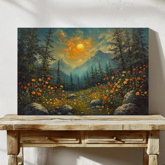 Sunlit Mountain Landscape Wall Art - Vibrant Wildflowers And Forest Scene For Nature-Inspired Rustic Home Decor Wall Art, Modern Wall Decor, 24x36 UNFRAMED