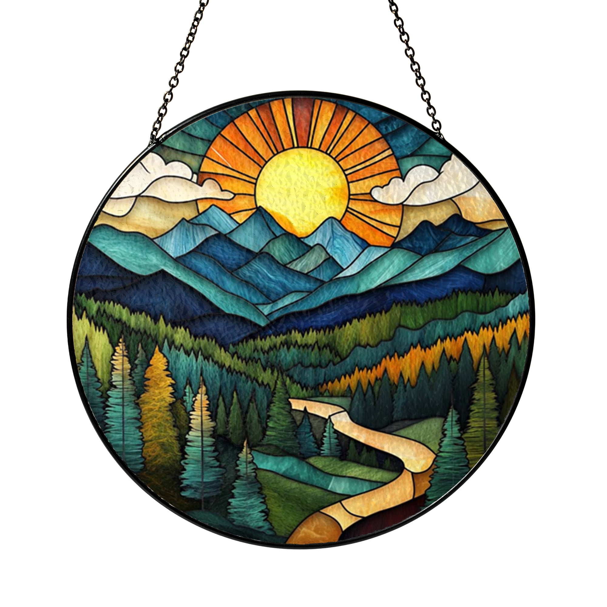 Window Drawing. Sign Sunlit Mountain and River Window Decor – Stained Glass Style Art ...