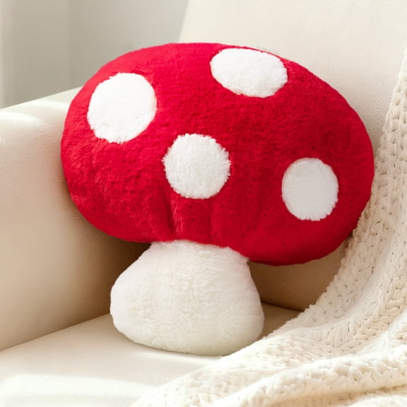 Sunlit Mushroom Pillow, Soft Plush Polka Dot Throw Pillows, Decorative Fuzzy Pillows for Couch, Sofa, Bedroom, Nursery, Home Decor for Mushroom Lovers, Red
