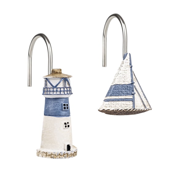 Nautical Shower Curtain Hooks, Coastal Resin Curtain Rings with Lighthouse & Sailboat Design, Ocean Bathroom Decor, Set of 12