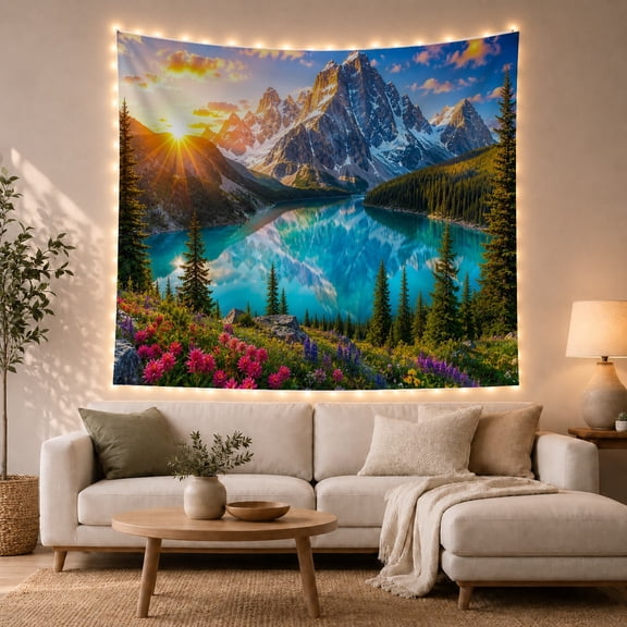 Sunlit Peaks Above Mirrored Lake and Meadow, Dramatic Digital Art for Nature Lovers, Mountain Decor, Housewarming Gift, Tapestry Wall Hanging for Living Room and Studio