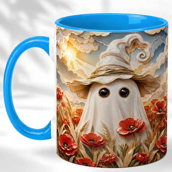 Sunlit Poppy Ghost Coffee Mug, Witch Hat Mug, Ceramic 11 oz