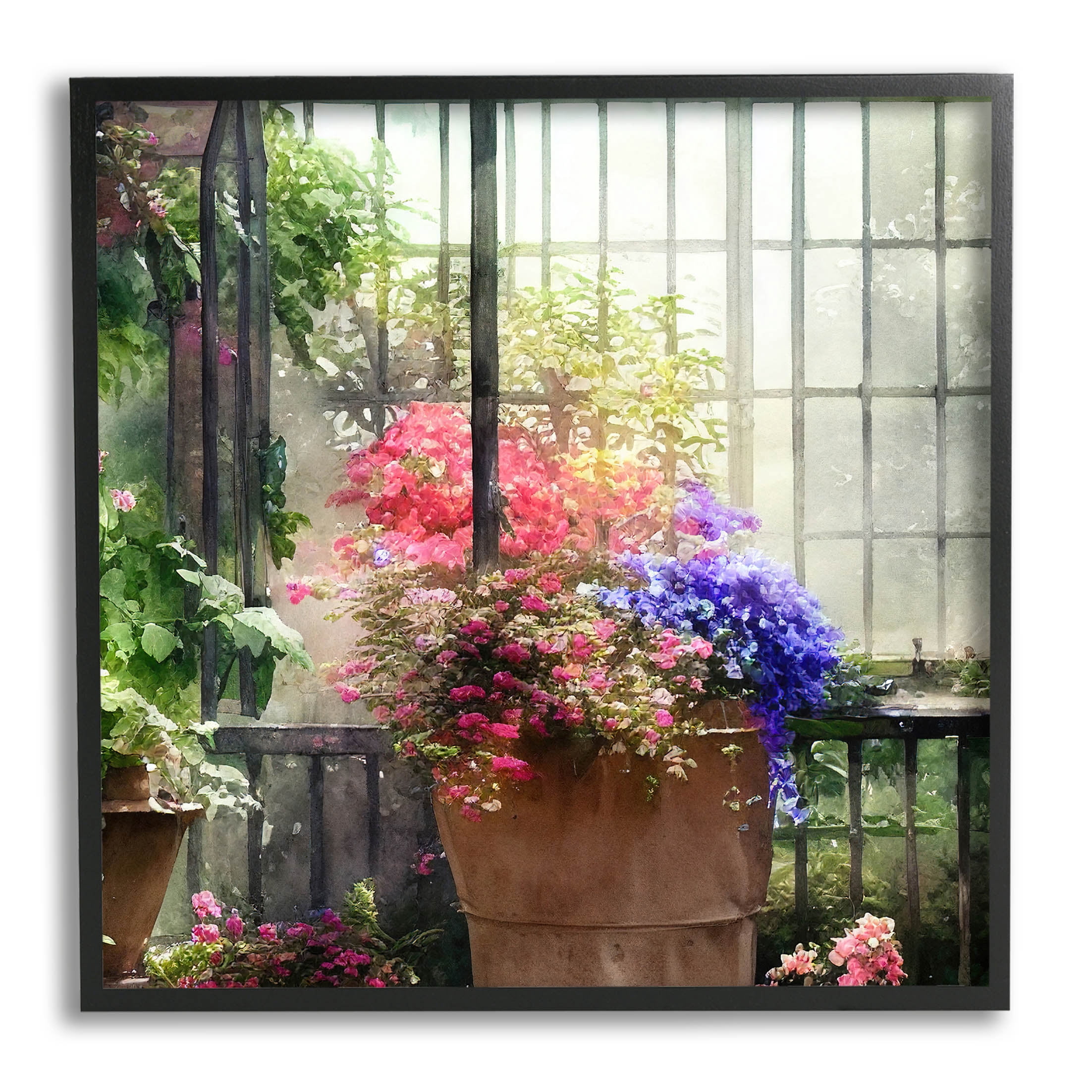 Sunlit Potted Plants Greenhouse Botanical & Floral Painting Black Framed Art Print Wall Art