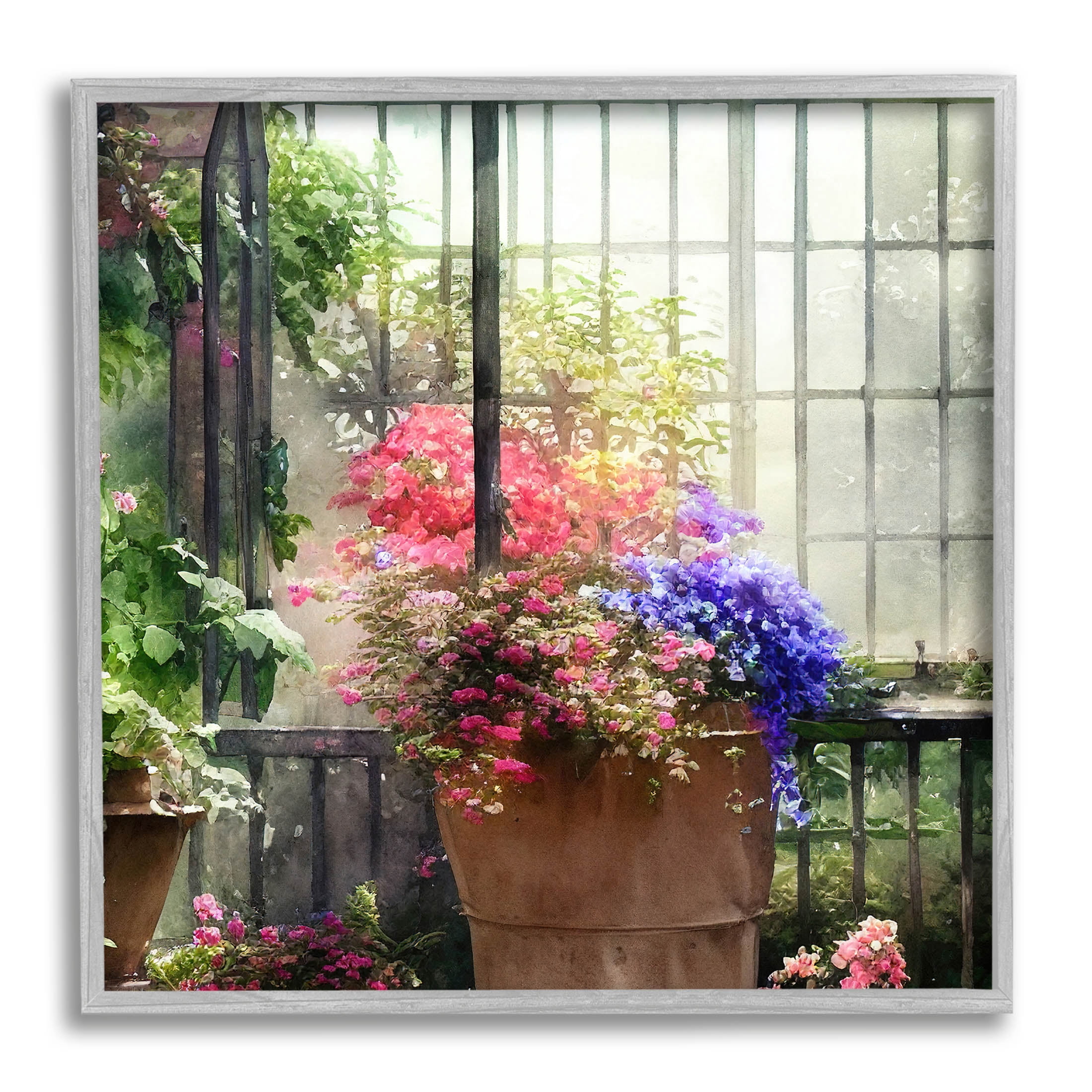 Sunlit Potted Plants Greenhouse Botanical & Floral Painting Gray Framed Art Print Wall Art