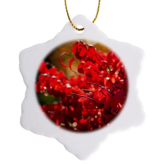 3drose, Sunlit Red Leaves of a Decorative Shrub. Autumn in the Garden, 3 inch Snowflake Porcelain Ornament