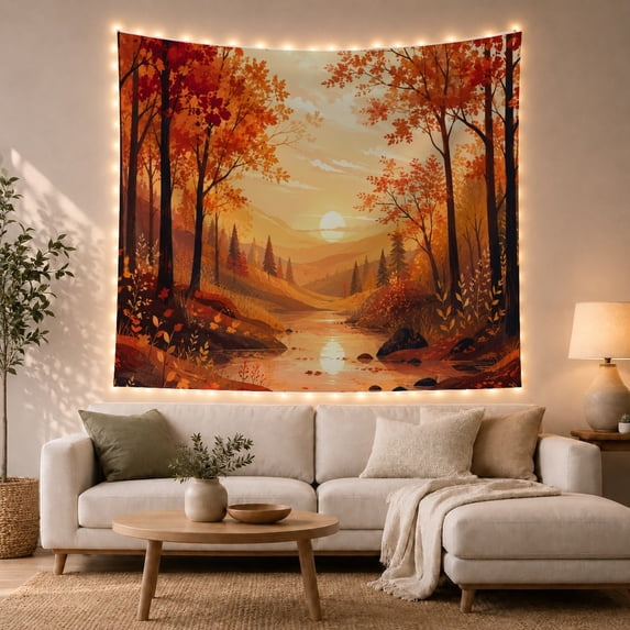 Sunlit River Valley with Autumn Foliage, Peaceful Rustic for Nature Lovers, Forest Scenery Wall Art, Thanksgiving Gift, Tapestry Wall Hanging for Living Room and Bedroom