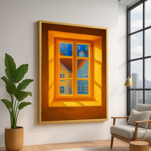 Sunlit Rustic Window, Warm Yellow Frame, Village Roofscape Wall Art, Cozy Home Decor, Artistic Window View UNFRAMED Poster, Wall Art for Decor, Present, 12x18