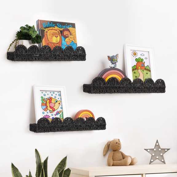 Sunlit Scalloped Nursery Bookshelf, Set of 3, Picture Ledge Shelf for Wall Decor, Woven Natural Fibre Floating Shelves for Books, Toys, Photo Frames, Nursery, Boho Modern Farmhouse Book Shelf, Black