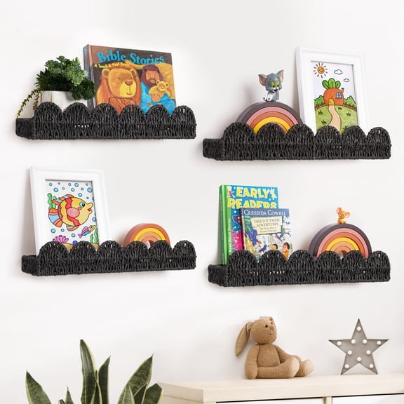 Sunlit Scalloped Nursery Bookshelf, Set of 4, Picture Ledge Shelf for Wall Decor, Woven Natural Fibre Floating Shelves for Books, Toys, Photo Frames, Nursery, Boho Modern Farmhouse Book Shelf, Black