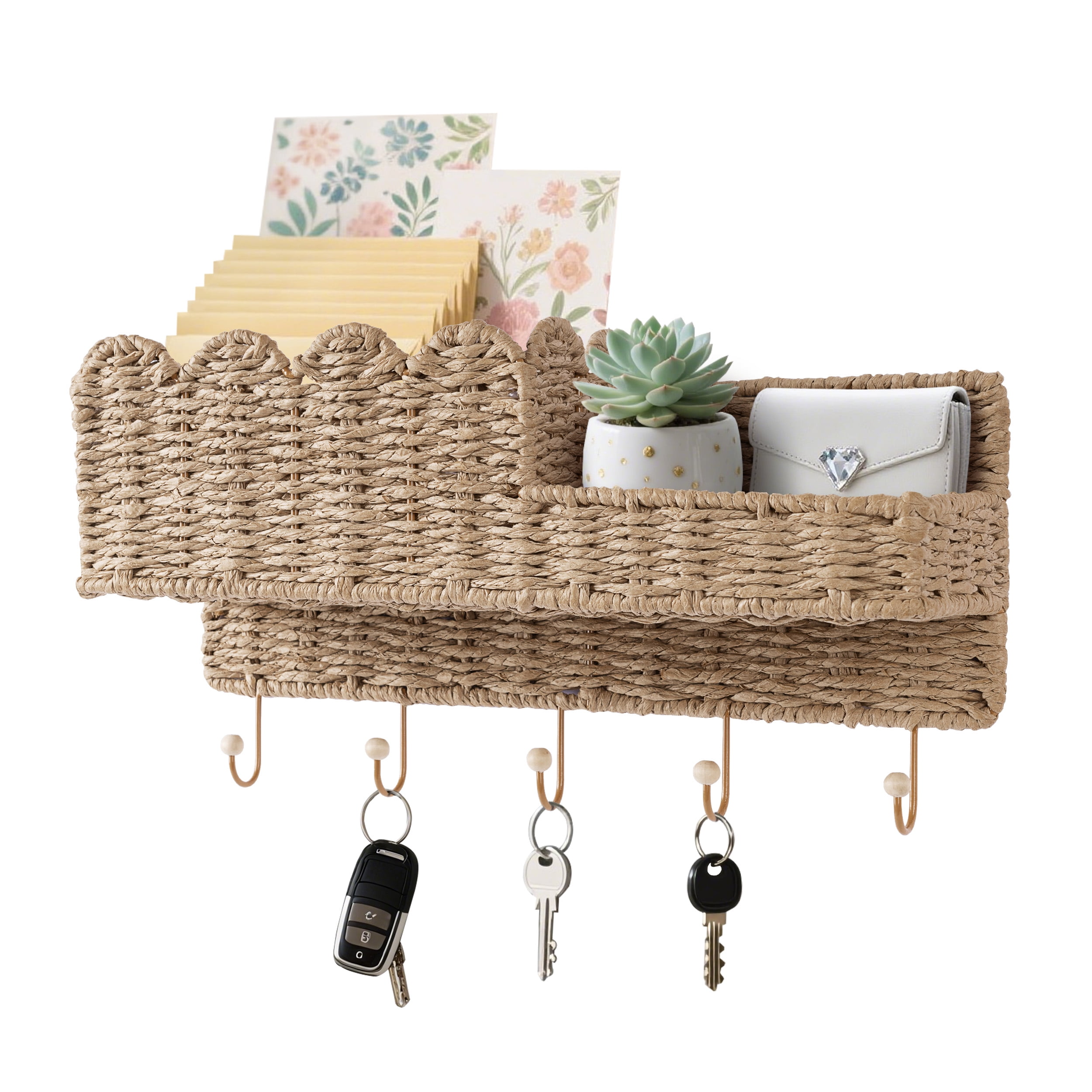 Sunlit Scalloped Woven Wall Mount Key Holder with 5 Hooks, Decorative Paperstraw Mail Organizer for Entryway, Wave Design Ratten Key Rack, Entryway Organizer, Living Room & Hallway Decor, Natural