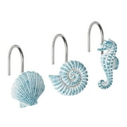 Sunlit Seashells Decorative Shower Curtain Hooks, Aqua Blue Ocean Creatures Coastal Shower Curtain Rings, Resin, Nautical Bathroom Decoration Beach Shower Curtain Hooks-12 Pack