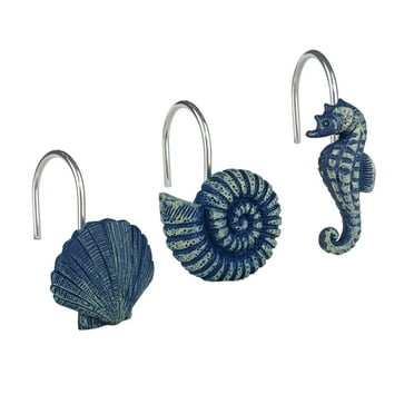 Sunlit Seashells Decorative Shower Curtain Hooks, Blue Ocean Creatures Coastal Shower Curtain Rings, Resin, Nautical Bathroom Decoration Beach Shower Curtain Hooks-12 Pack