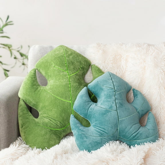 Sunlit Set of 2 3D Leaves Decorative Throw Pillows, 18" & 14" Monstera Deliciosa Plush Pillow Set for Plant Lovers Garden Lovers, Living Room Bedroom Nursery Decor, Bluish Green & Light Green