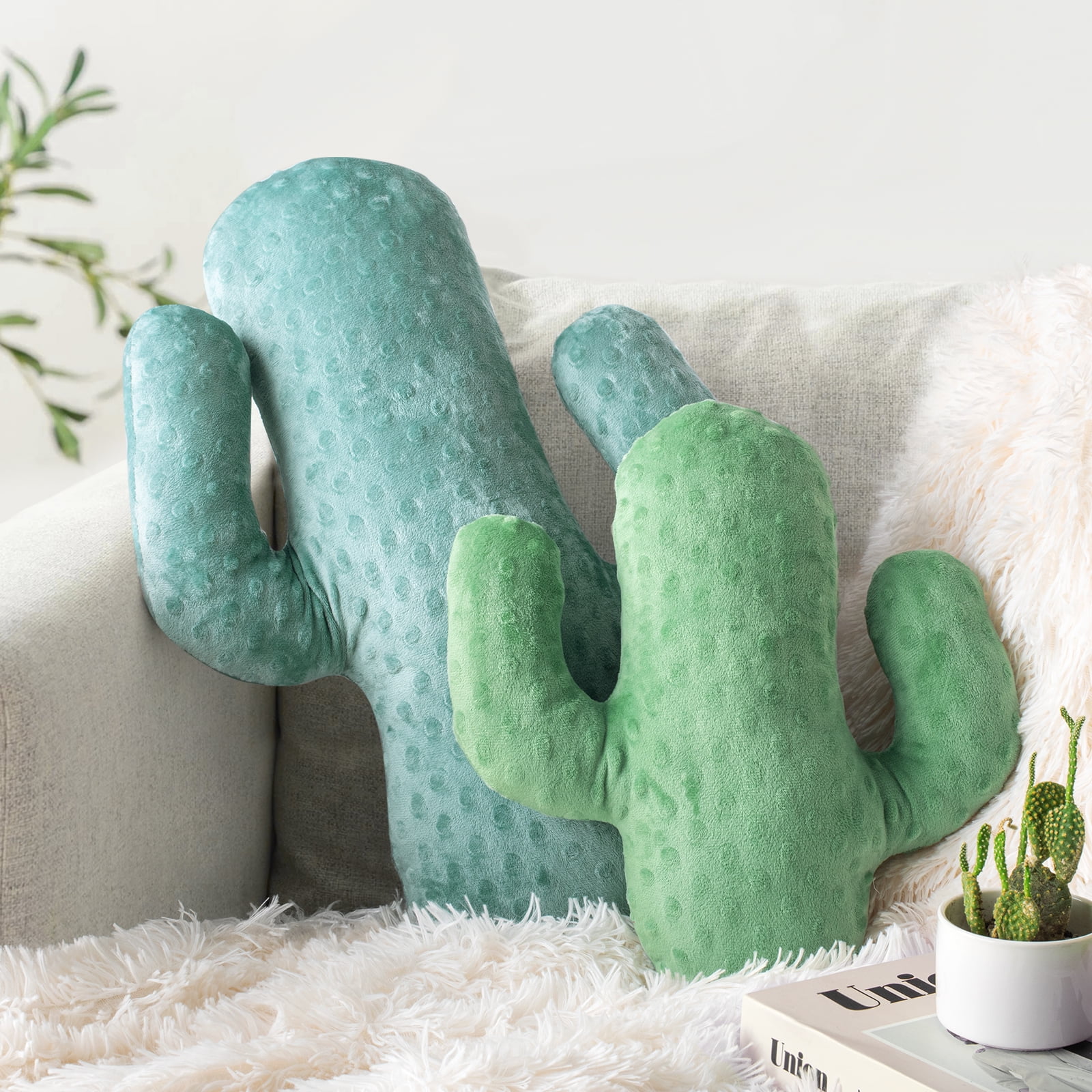 Sunlit Set of 2 Cactus Decorative Throw Pillows, 22"& 14" Cactus Plush  Pillow Set, 3D Office Nap Pillow, Cute Succulent Throw Pillow for Nursery  Bedroom Room Decor, Blue Green & Sage Green -