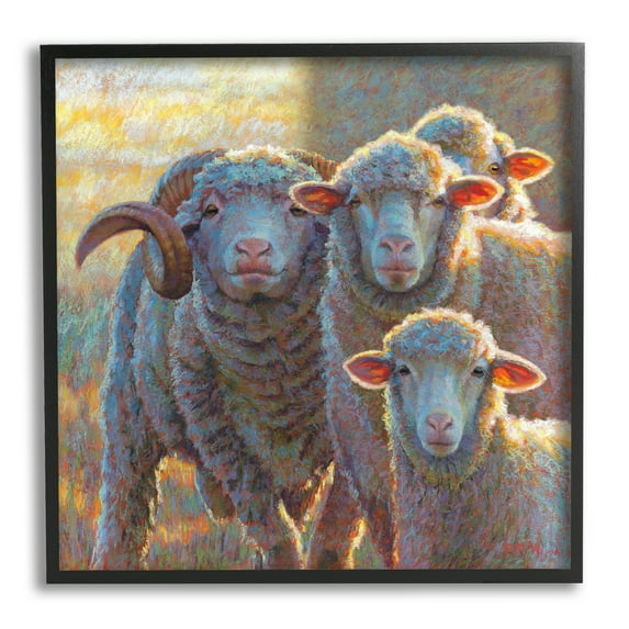 Sunlit Sheep Family Farm Animals Animals & Insects Painting Black Framed Art Print Wall Art