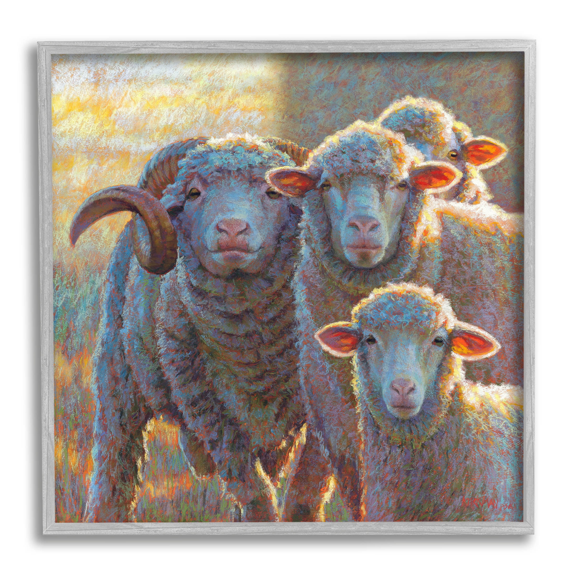 Sunlit Sheep Family Farm Animals Animals & Insects Painting Gray Framed Art Print Wall Art