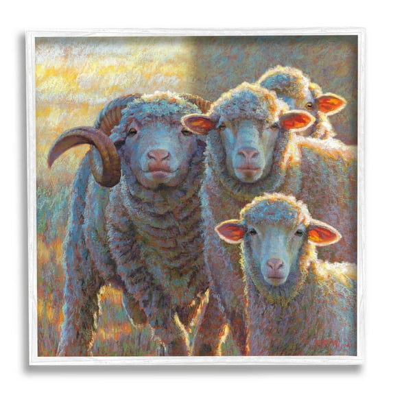 Sunlit Sheep Family Farm Animals Animals & Insects Painting White Framed Art Print Wall Art